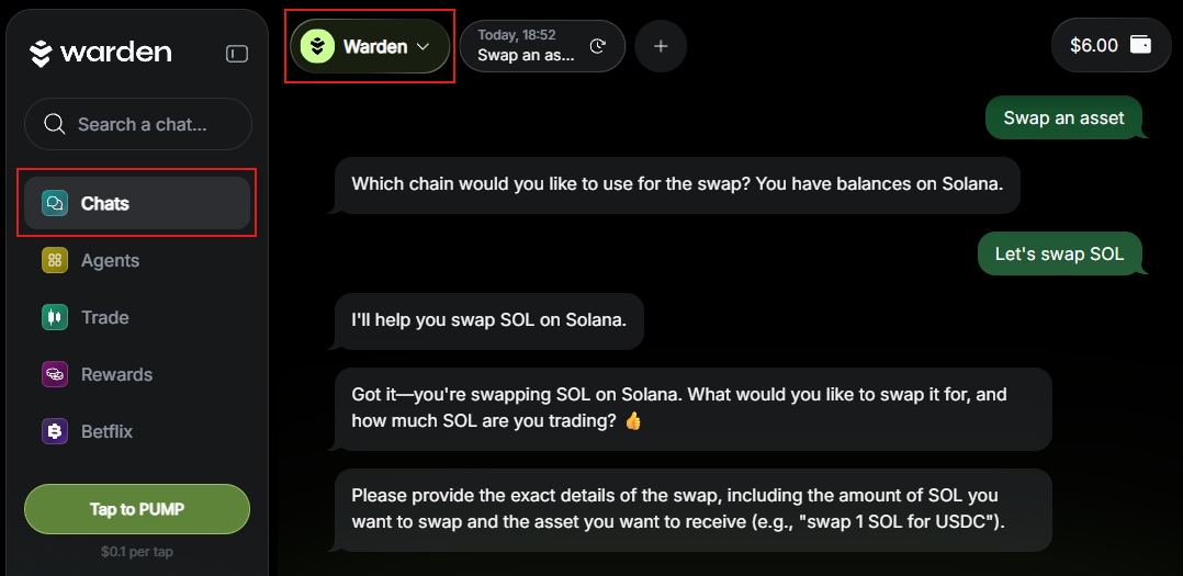 Send or swap assets using the Warden AMA Agent