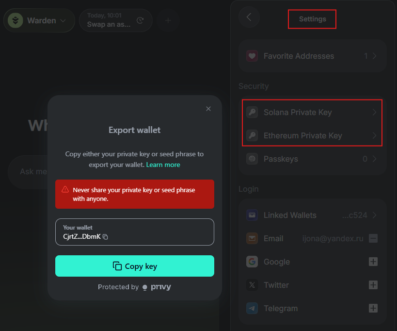 Copy your private key in Warden